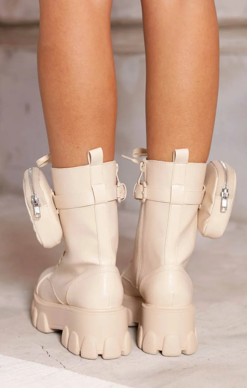 Cream PU Faux Leather Lace Up Pouch Detail Chunky Platform Ankle Biker Boots - Katey
